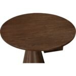 Round wooden coffee table with sculptural cone and sphere base