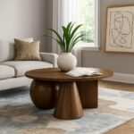 Round wooden coffee table with sculptural cone and sphere base