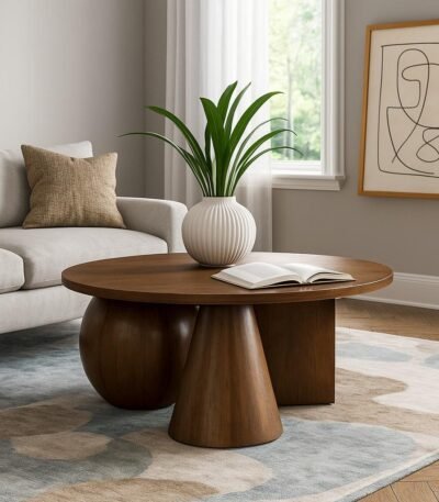 Round wooden coffee table with sculptural cone and sphere base