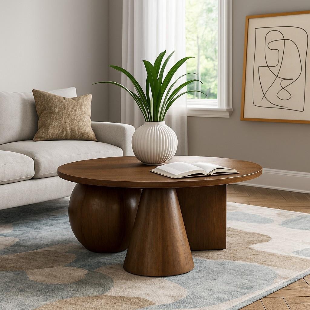 Round wooden coffee table with sculptural cone and sphere base