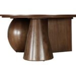 Round wooden coffee table with sculptural cone and sphere base