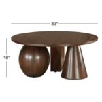 Round wooden coffee table with sculptural cone and sphere base