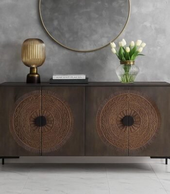 Morvian Wooden Console Table in Mango Wood with Handcarved Circular Design