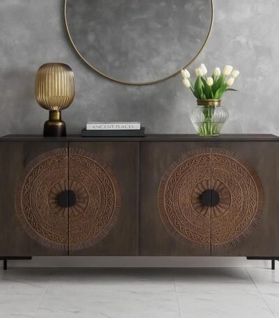 Morvian Wooden Console Table in Mango Wood with Handcarved Circular Design