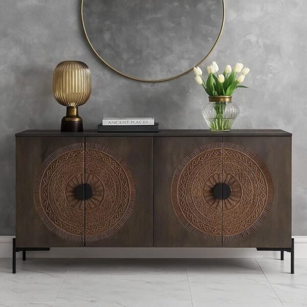 Morvian Wooden Console Table in Mango Wood with Handcarved Circular Design