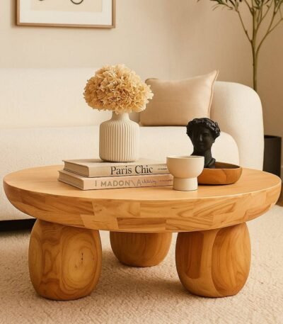 Orvian handcrafted round solid wood coffee table with sculpted legs