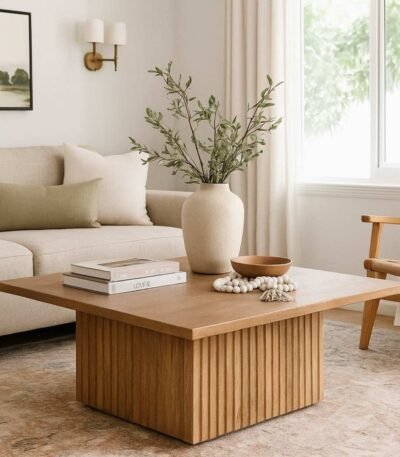 Zenvetra Handcarved Coffee Table in Solid Mango Wood with Fluted Base