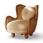 Handcrafted Wooden Armchair with Natural Cane Panels and Bouclé Upholstery