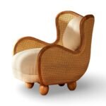 Handcrafted Wooden Armchair with Natural Cane Panels and Bouclé Upholstery