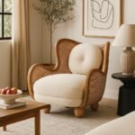 Handcrafted Wooden solid wooden rattan lounge chair with Natural Cane Panels and Bouclé Upholstery