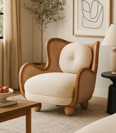 Handcrafted Wooden solid wooden rattan lounge chair with Natural Cane Panels and Bouclé Upholstery