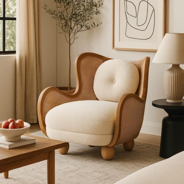 Handcrafted Wooden solid wooden rattan lounge chair with Natural Cane Panels and Bouclé Upholstery