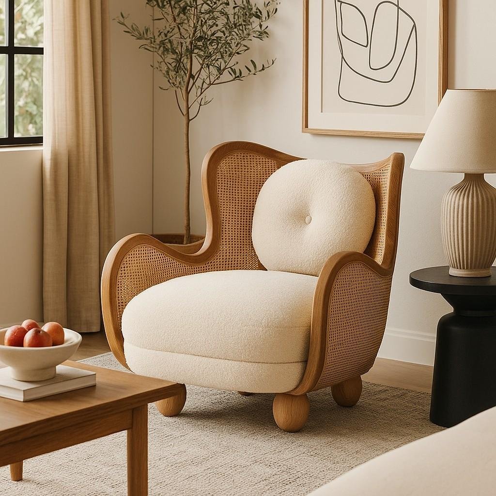 Handcrafted Wooden solid wooden rattan lounge chair with Natural Cane Panels and Bouclé Upholstery