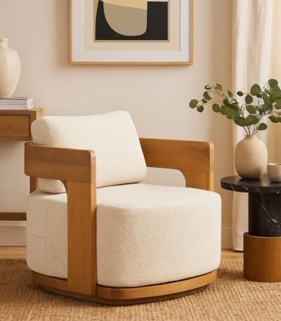 Modern handcrafted wooden lounge chair with plush upholstery