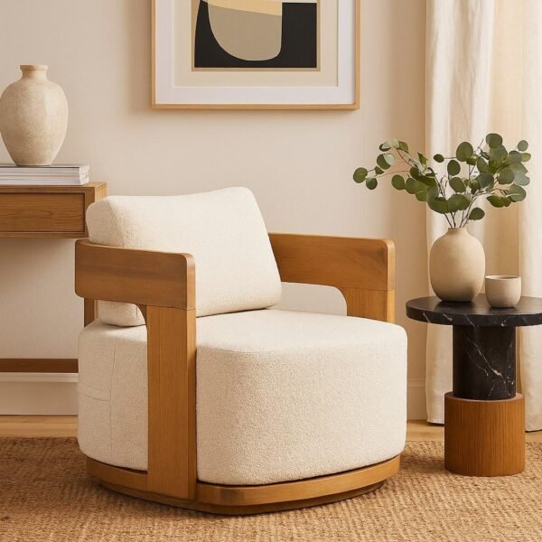 Modern handcrafted wooden lounge chair with plush upholstery