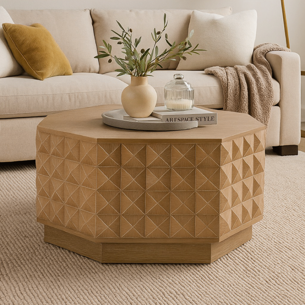 Falvero handcrafted mango wood coffee table with geometric carved design