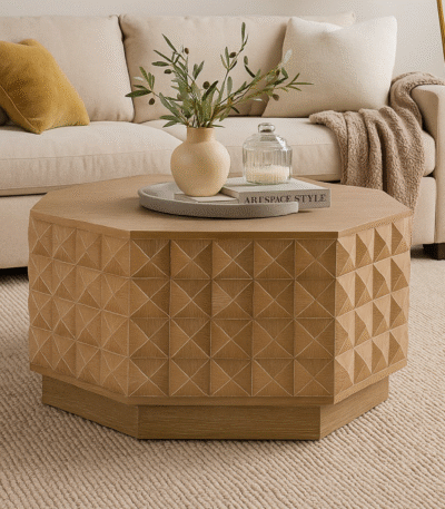 Falvero handcrafted mango wood coffee table with geometric carved design