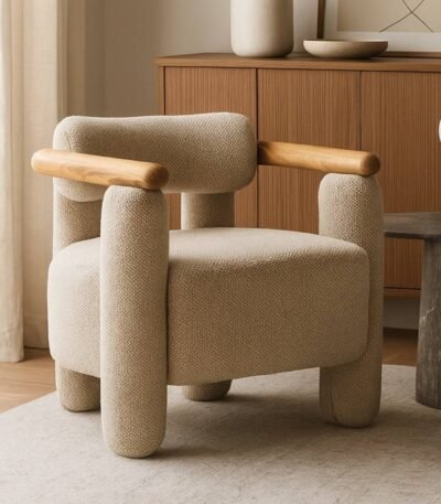Sheesham wood modern accent chair with cushioned seat and natural finish”