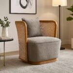 Handcrafted Sheesham wood cane armchair with cushioned seat