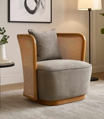 Handcrafted Sheesham wood cane armchair with cushioned seat