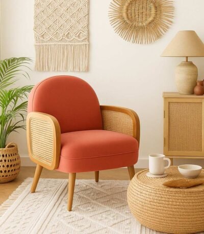 Handcrafted solid wood rattan armchair with coral cushioned seat