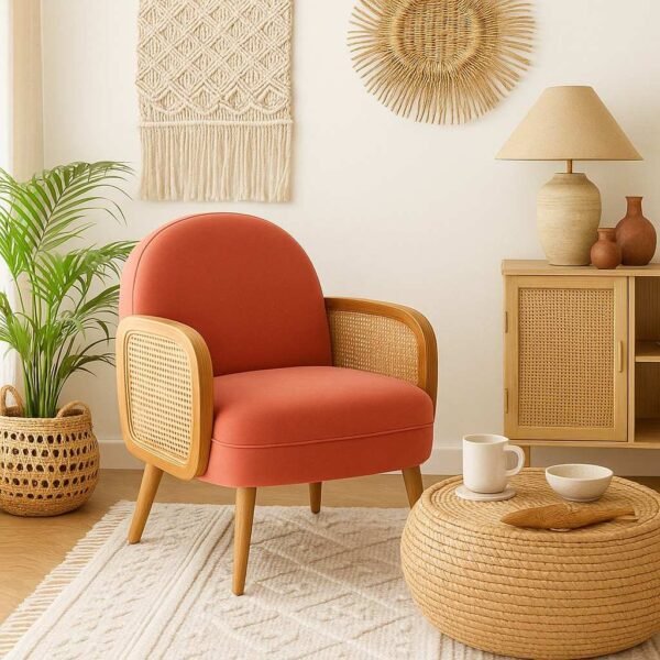 Handcrafted solid wood rattan armchair with coral cushioned seat
