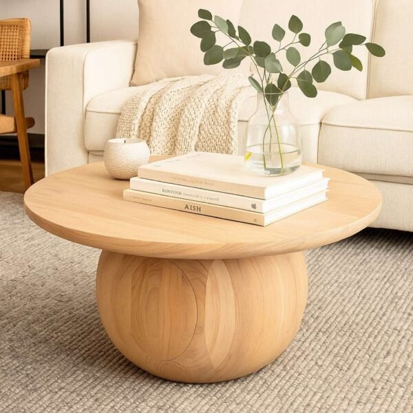 Aurea Round Sheesham Wood Coffee Table with sculptural pedestal base