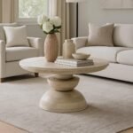 Round wooden center table for living room with pedestal base