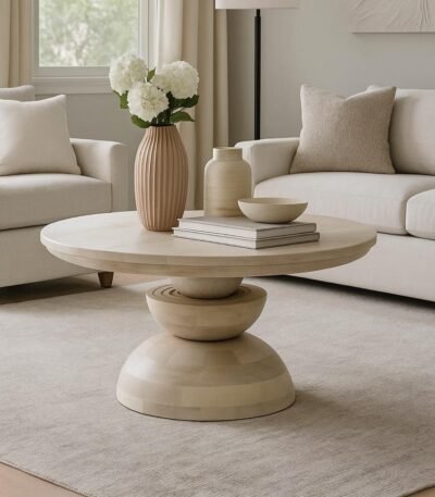 Round wooden center table for living room with pedestal base