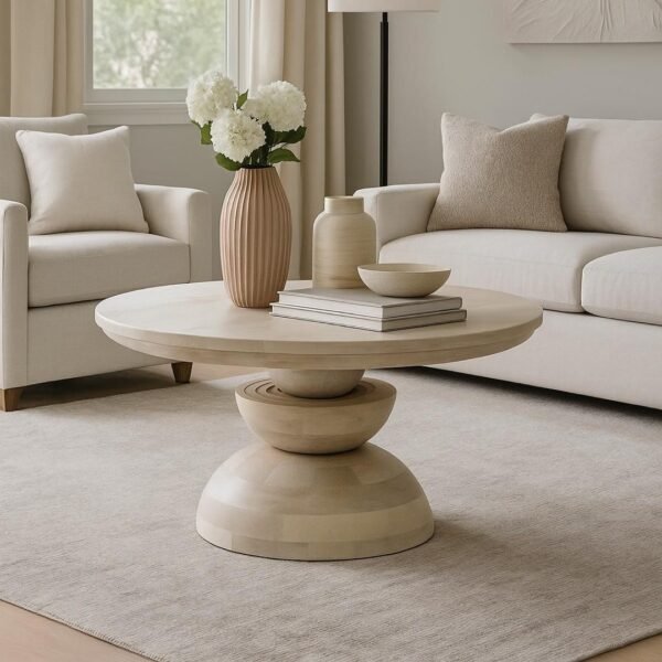 Round wooden center table for living room with pedestal base