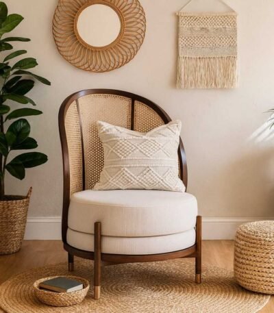 Dome Cane Lounge Chair with curved wooden dome back and natural cane weave