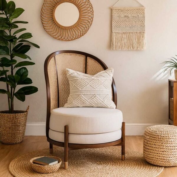 Dome Cane Lounge Chair with curved wooden dome back and natural cane weave