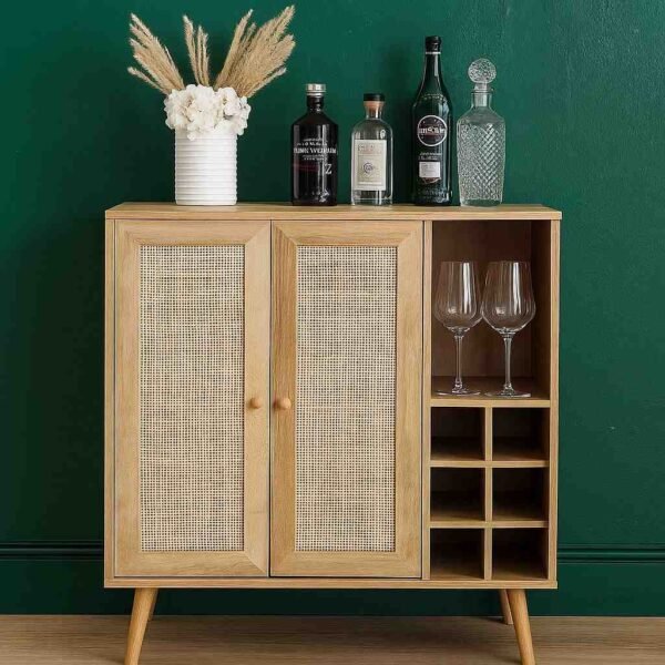 Kyros Cane Bar Cabinet in solid Sheesham wood with handwoven cane doors