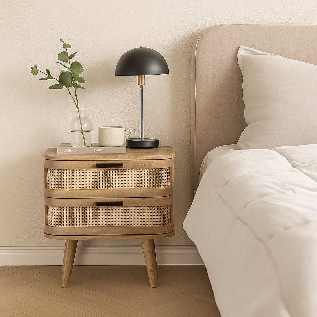 Vera cane side table with two drawers made from solid Sheesham wood