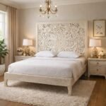 Arlo handcrafted Sheesham wood bed with floral handcarved headboard in white distressed finish