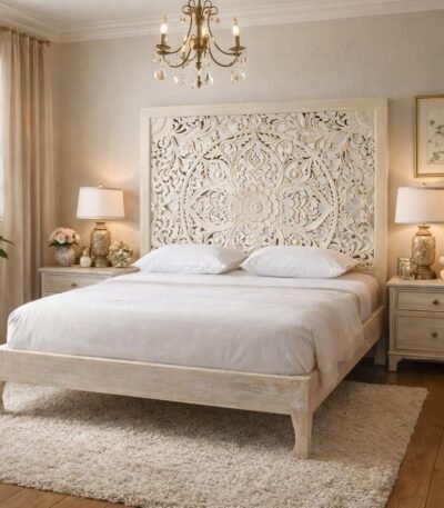 Arlo handcrafted Sheesham wood bed with floral handcarved headboard in white distressed finish