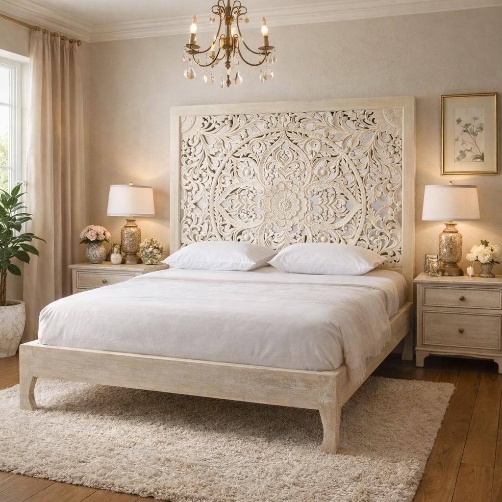 Arlo handcrafted Sheesham wood bed with floral handcarved headboard in white distressed finish