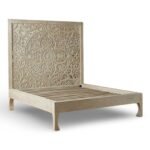 Arlo handcrafted Sheesham wood bed with floral handcarved headboard in white distressed finish