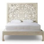 Arlo handcrafted Sheesham wood bed with floral handcarved headboard in white distressed finish