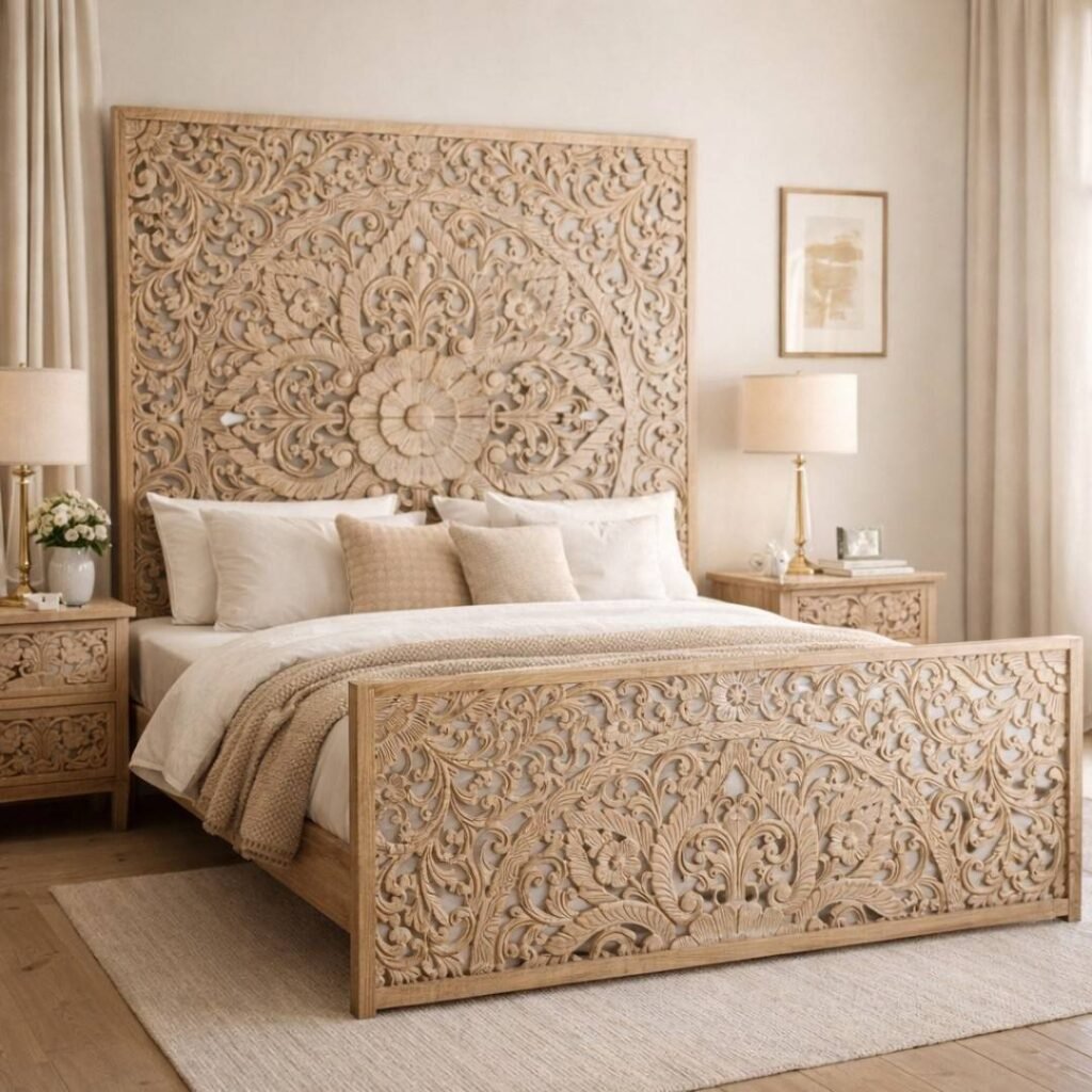 Artesa handcarved sheesham bed with intricate floral carving in solid wood