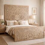 Artesa handcarved sheesham bed with intricate floral carving in solid wood