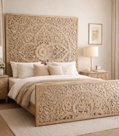 Artesa handcarved sheesham bed with intricate floral carving in solid wood