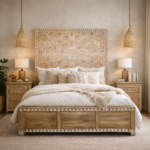 Atelier sheesham wooden bed with hand-carved headboard and solid wood frame