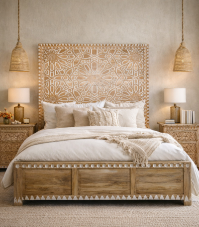 Atelier sheesham wooden bed with hand-carved headboard and solid wood frame