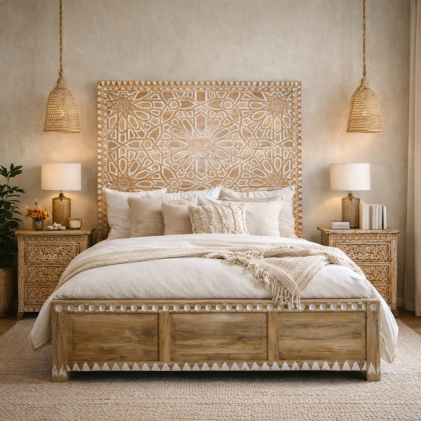 Atelier sheesham wooden bed with hand-carved headboard and solid wood frame