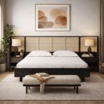 Azure modern rattan cane bed with solid wood frame and woven cane panels