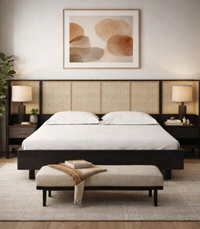 Azure modern rattan cane bed with solid wood frame and woven cane panels