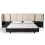 Azure modern rattan cane bed with solid wood frame and woven cane panels