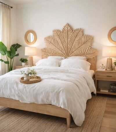 Bravura handcarved wooden bed made from solid Sheesham wood with floral headboard