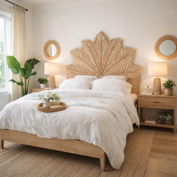 Bravura handcarved wooden bed made from solid Sheesham wood with floral headboard